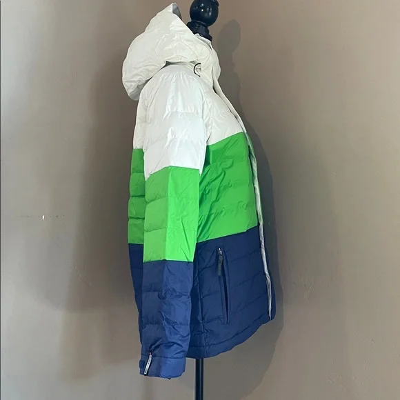 Bonfire Colorblocked Snowboard Puffy Jacket, White Green Navy, Size L - Picture 3 of 10